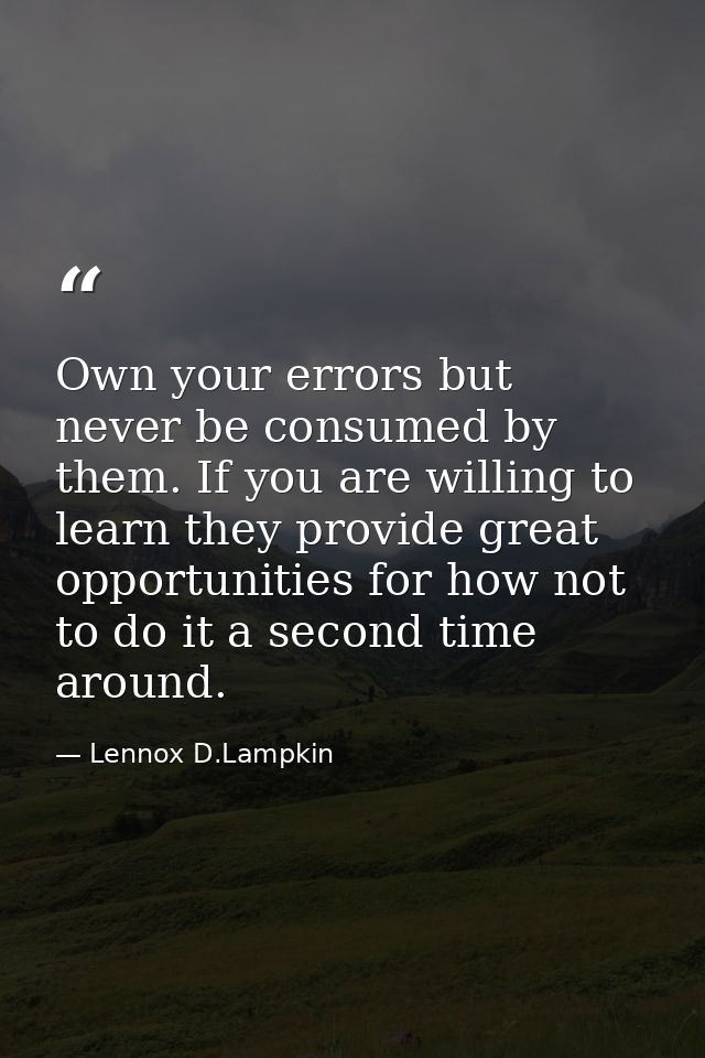 Own your errors but never be consumed by them. If you are willing to learn they provide great opportunities for how not  — Lennox D.Lampkin