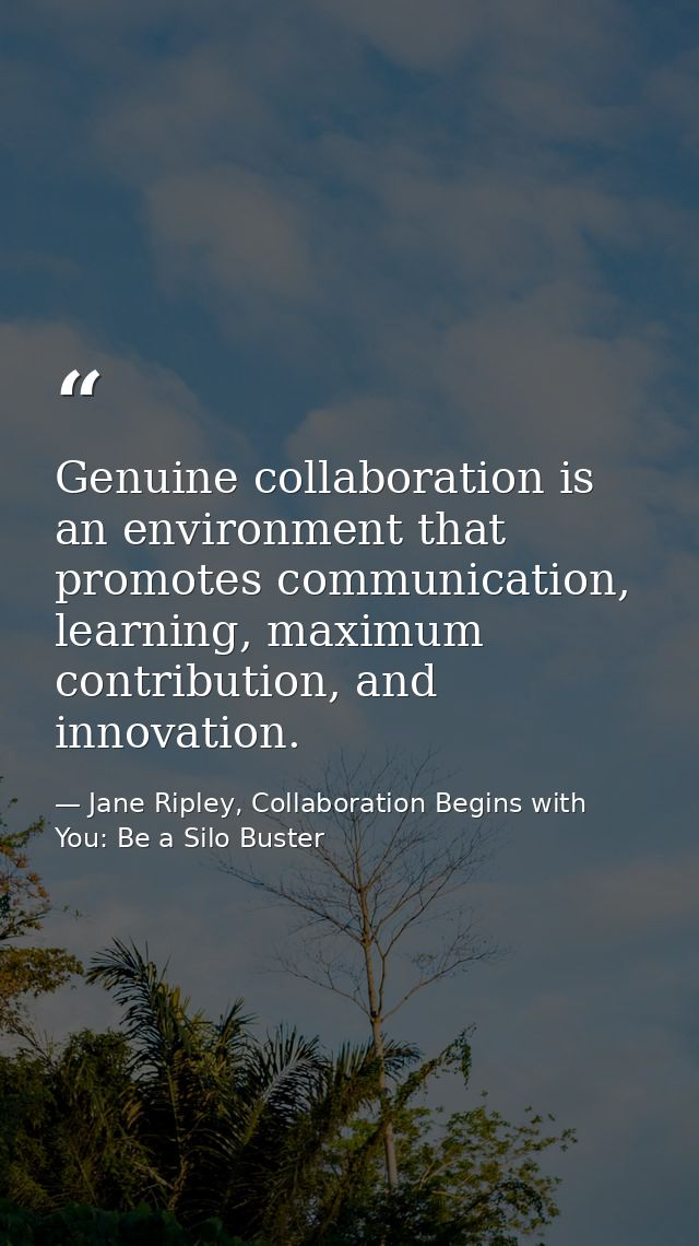 Genuine collaboration is an environment that promotes communication, learning, maximum contribution, and innovation. — Jane Ripley, Collaboration Begins with You: Be a Silo Buster