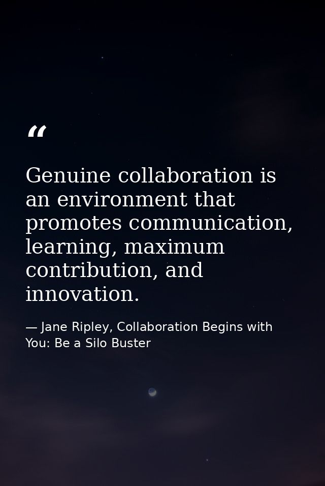 Genuine collaboration is an environment that promotes communication, learning, maximum contribution, and innovation. — Jane Ripley, Collaboration Begins with You: Be a Silo Buster