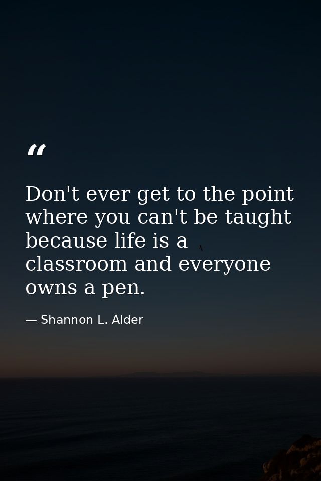 Don't ever get to the point where you can't be taught because life is a classroom and everyone owns a pen. — Shannon L. Alder