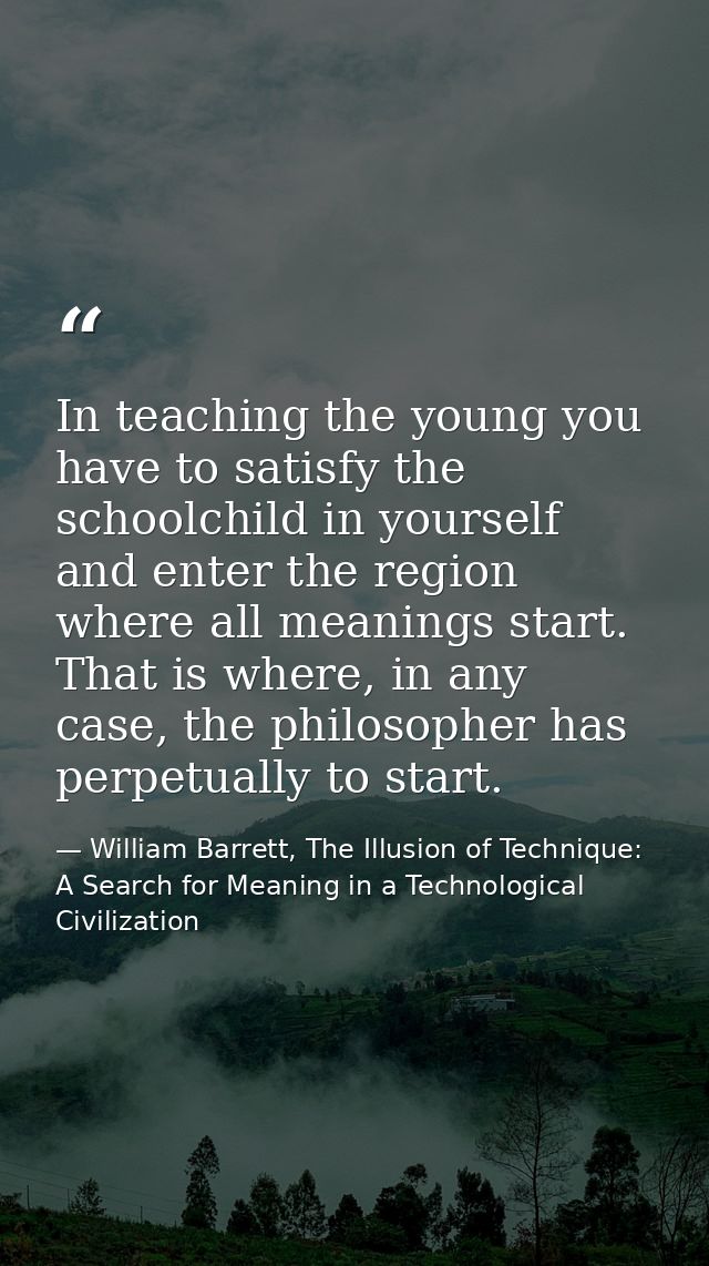 In teaching the young you have to satisfy the schoolchild in yourself and enter the region where all meanings start. Tha — William Barrett, The Illusion of Technique: A Search for Meaning in a Technological Civilization