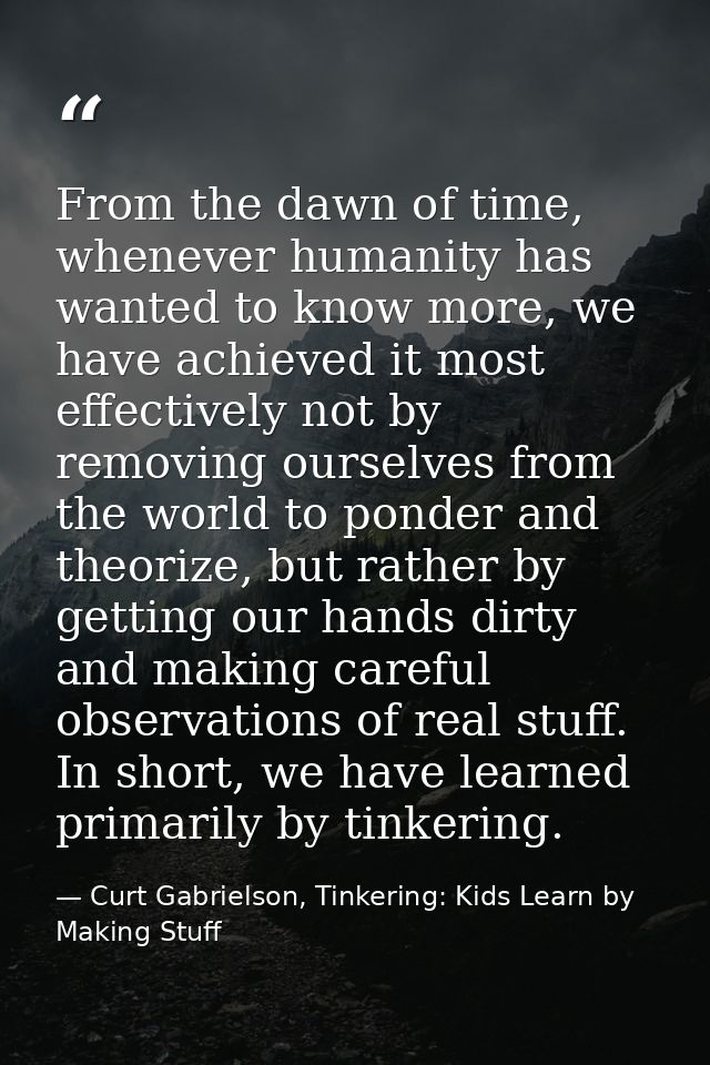 From the dawn of time, whenever humanity has wanted to know more, we have achieved it most effectively not by removing o — Curt Gabrielson, Tinkering: Kids Learn by Making Stuff