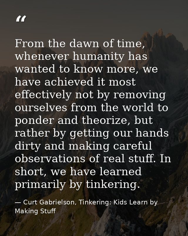 From the dawn of time, whenever humanity has wanted to know more, we have achieved it most effectively not by removing o — Curt Gabrielson, Tinkering: Kids Learn by Making Stuff