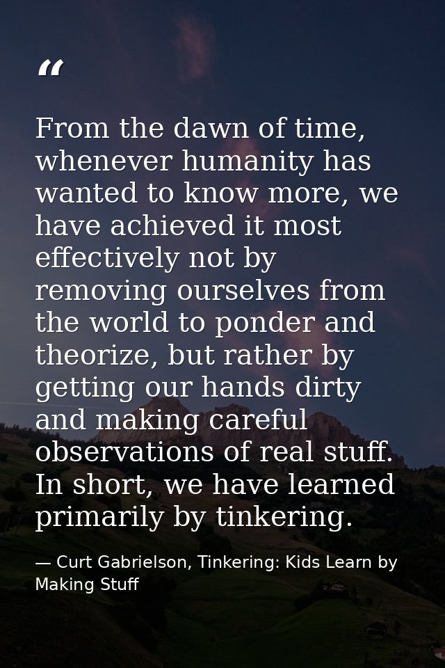 From the dawn of time, whenever humanity has wanted to know more, we have achieved it most effectively not by removing o — Curt Gabrielson, Tinkering: Kids Learn by Making Stuff