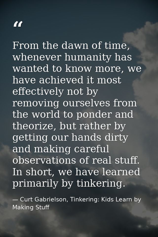 From the dawn of time, whenever humanity has wanted to know more, we have achieved it most effectively not by removing o — Curt Gabrielson, Tinkering: Kids Learn by Making Stuff