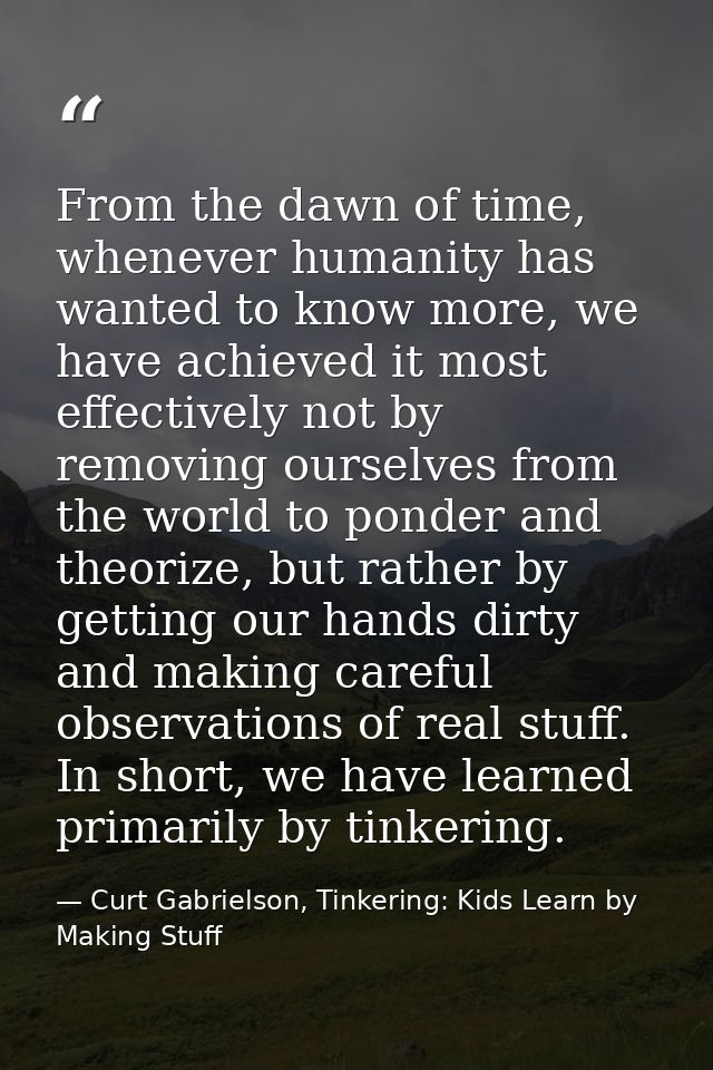 From the dawn of time, whenever humanity has wanted to know more, we have achieved it most effectively not by removing o — Curt Gabrielson, Tinkering: Kids Learn by Making Stuff