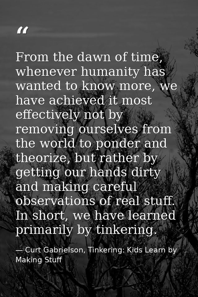 From the dawn of time, whenever humanity has wanted to know more, we have achieved it most effectively not by removing o — Curt Gabrielson, Tinkering: Kids Learn by Making Stuff