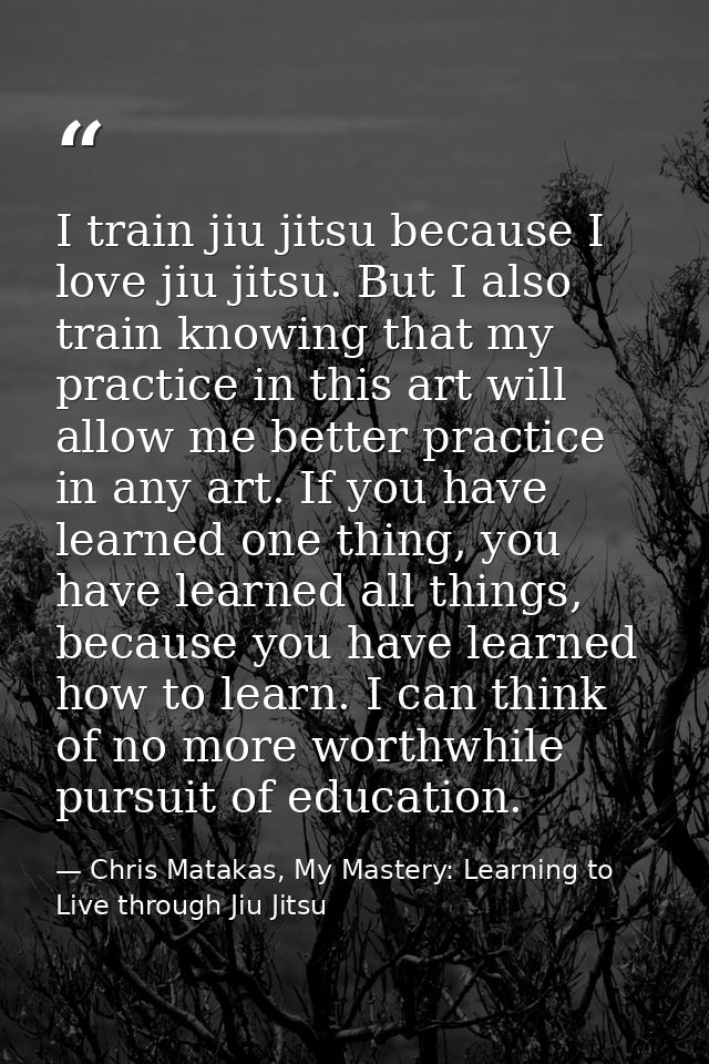 I train jiu jitsu because I love jiu jitsu. But I also train knowing that my practice in this art will allow me better p — Chris Matakas, My Mastery: Learning to Live through Jiu Jitsu