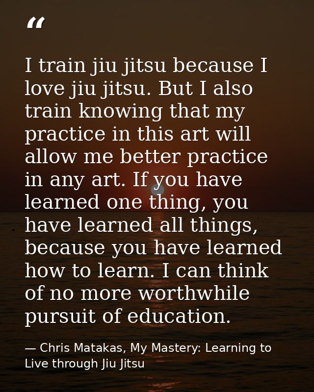 I train jiu jitsu because I love jiu jitsu. But I also train knowing that my practice in this art will allow me better p — Chris Matakas, My Mastery: Learning to Live through Jiu Jitsu