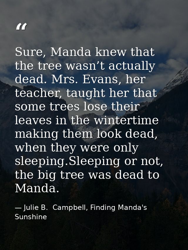 Sure, Manda knew that the tree wasn’t actually dead. Mrs. Evans, her teacher, taught her that some trees lose their leav — Julie B.  Campbell, Finding Manda's Sunshine