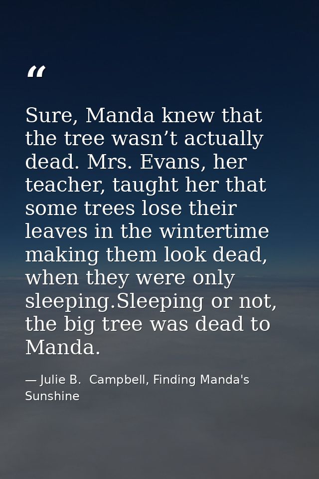 Sure, Manda knew that the tree wasn’t actually dead. Mrs. Evans, her teacher, taught her that some trees lose their leav — Julie B.  Campbell, Finding Manda's Sunshine