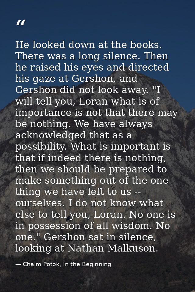 He looked down at the books. There was a long silence. Then he raised his eyes and directed his gaze at Gershon, and Ger — Chaim Potok, In the Beginning