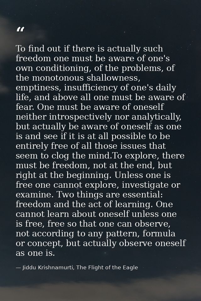 To find out if there is actually such freedom one must be aware of one's own conditioning, of the problems, of the monot — Jiddu Krishnamurti, The Flight of the Eagle