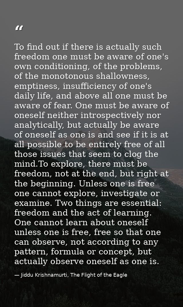 To find out if there is actually such freedom one must be aware of one's own conditioning, of the problems, of the monot — Jiddu Krishnamurti, The Flight of the Eagle
