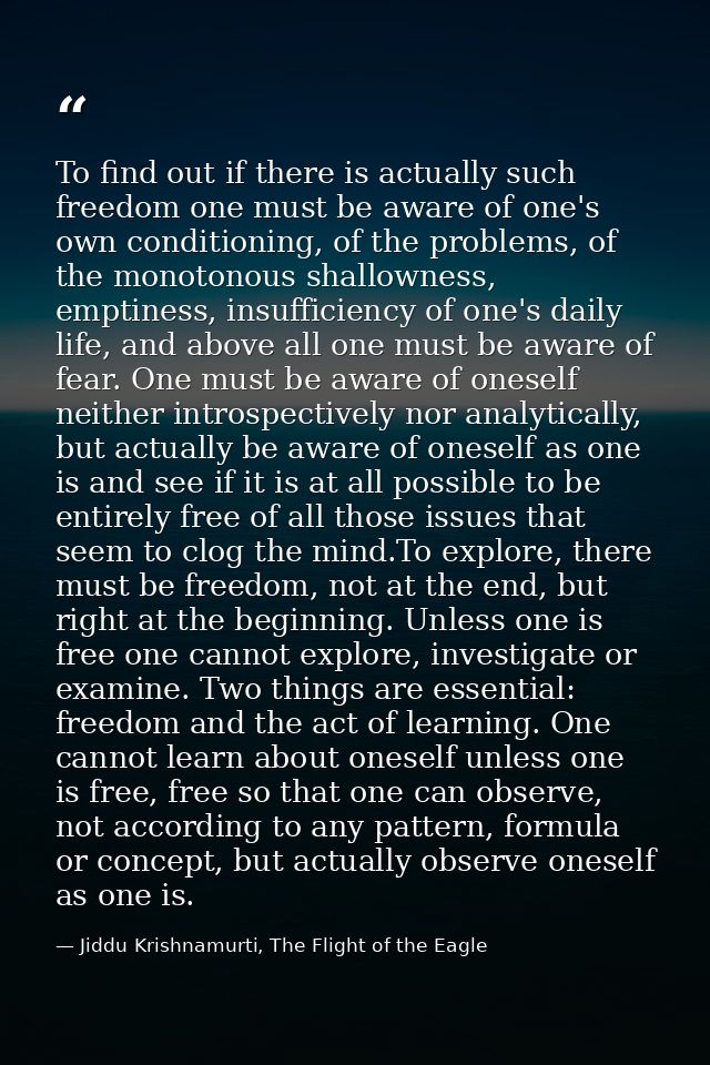 To find out if there is actually such freedom one must be aware of one's own conditioning, of the problems, of the monot — Jiddu Krishnamurti, The Flight of the Eagle