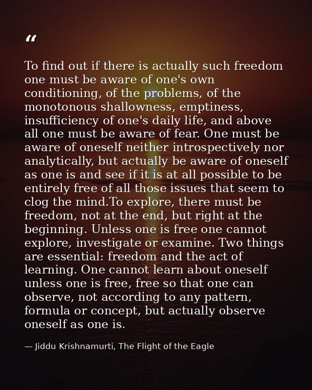 To find out if there is actually such freedom one must be aware of one's own conditioning, of the problems, of the monot — Jiddu Krishnamurti, The Flight of the Eagle