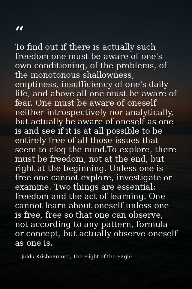 To find out if there is actually such freedom one must be aware of one's own conditioning, of the problems, of the monot — Jiddu Krishnamurti, The Flight of the Eagle