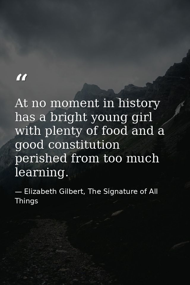 At no moment in history has a bright young girl with plenty of food and a good constitution perished from too much learn — Elizabeth Gilbert, The Signature of All Things