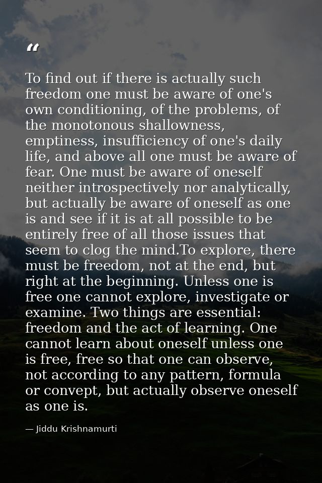 To find out if there is actually such freedom one must be aware of one's own conditioning, of the problems, of the monot — Jiddu Krishnamurti