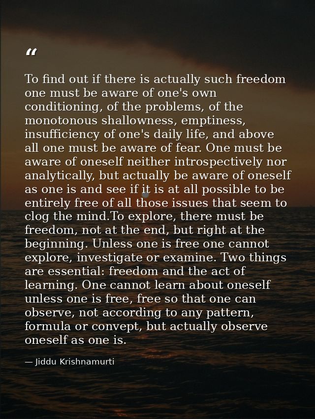 To find out if there is actually such freedom one must be aware of one's own conditioning, of the problems, of the monot — Jiddu Krishnamurti