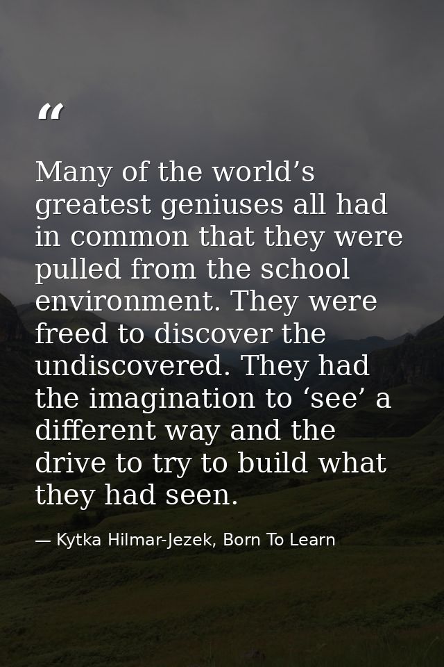 Many of the world’s greatest geniuses all had in common that they were pulled from the school environment. They were fre — Kytka Hilmar-Jezek, Born To Learn