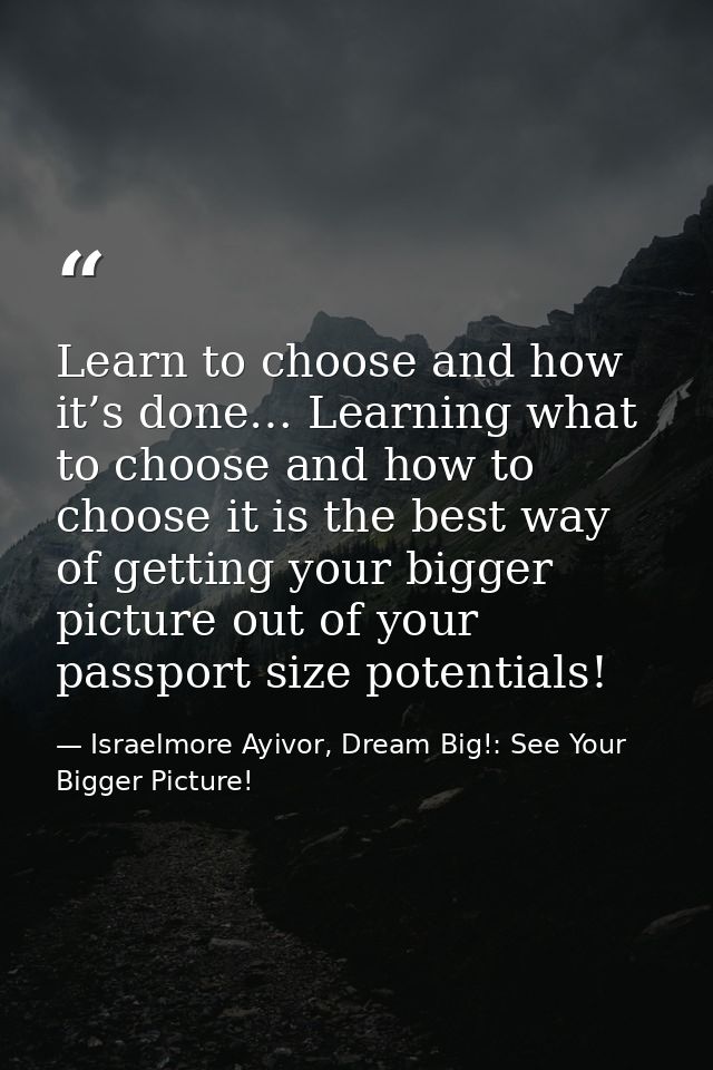 Learn to choose and how it’s done… Learning what to choose and how to choose it is the best way of getting your bigger p — Israelmore Ayivor, Dream Big!: See Your Bigger Picture!