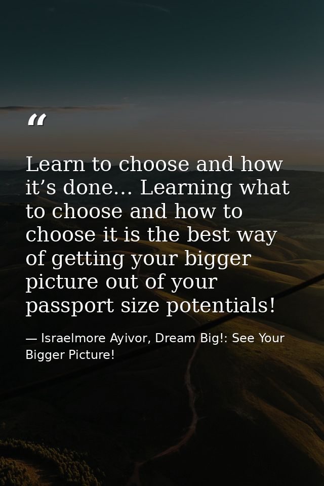 Learn to choose and how it’s done… Learning what to choose and how to choose it is the best way of getting your bigger p — Israelmore Ayivor, Dream Big!: See Your Bigger Picture!