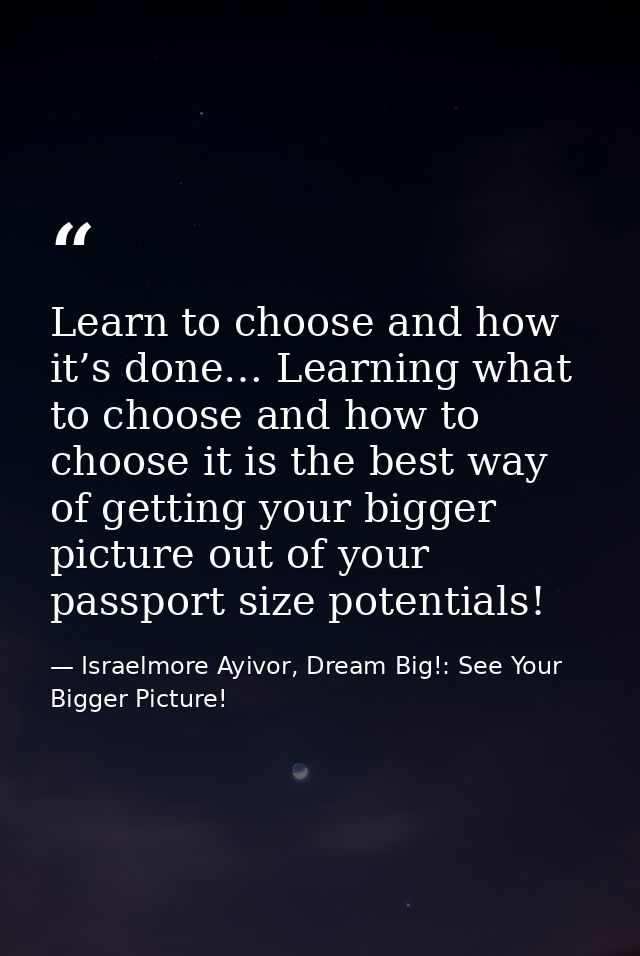 Learn to choose and how it’s done… Learning what to choose and how to choose it is the best way of getting your bigger p — Israelmore Ayivor, Dream Big!: See Your Bigger Picture!