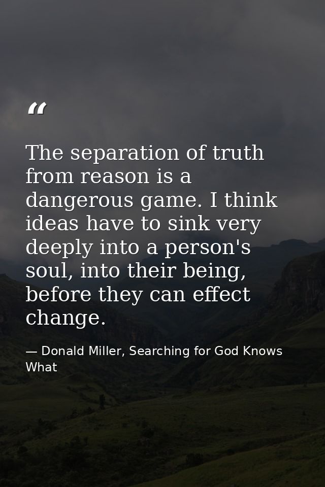 The separation of truth from reason is a dangerous game. I think ideas have to sink very deeply into a person's soul, in — Donald Miller, Searching for God Knows What