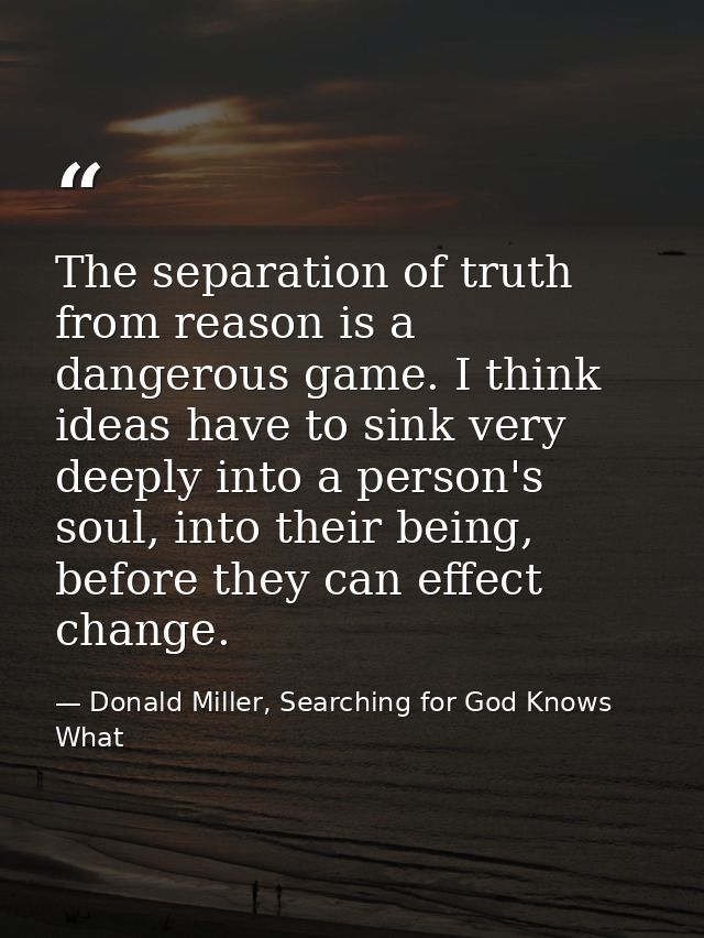 The separation of truth from reason is a dangerous game. I think ideas have to sink very deeply into a person's soul, in — Donald Miller, Searching for God Knows What