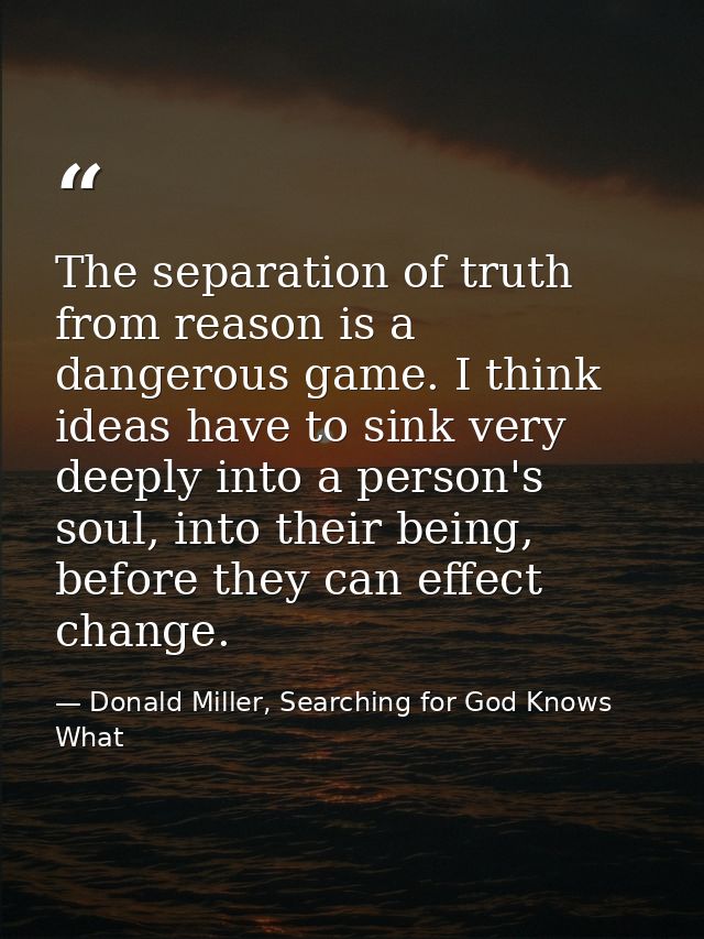 The separation of truth from reason is a dangerous game. I think ideas have to sink very deeply into a person's soul, in — Donald Miller, Searching for God Knows What