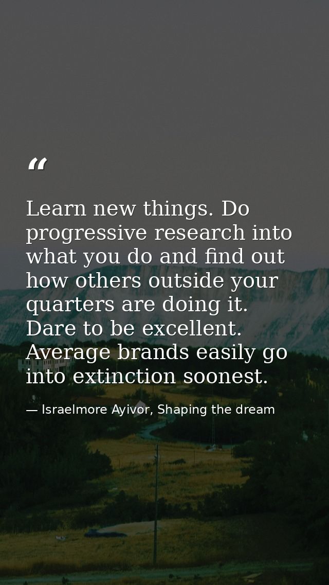 Learn new things. Do progressive research into what you do and find out how others outside your quarters are doing it. D — Israelmore Ayivor, Shaping the dream