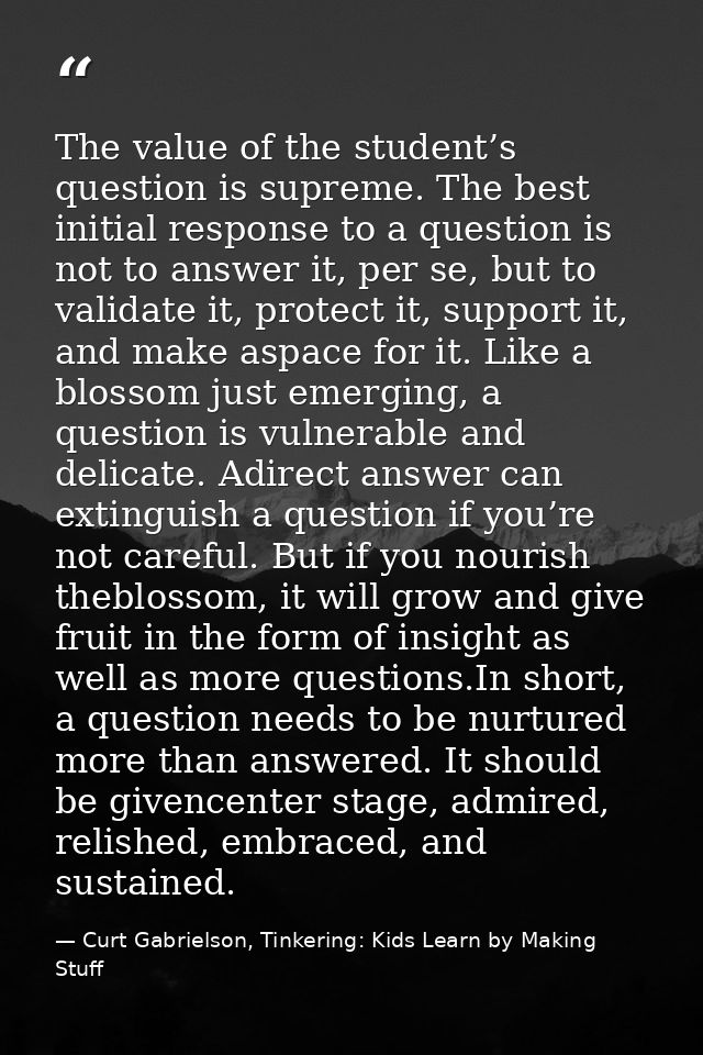 The value of the student’s question is supreme. The best initial response to a question is not to answer it, per se, but — Curt Gabrielson, Tinkering: Kids Learn by Making Stuff