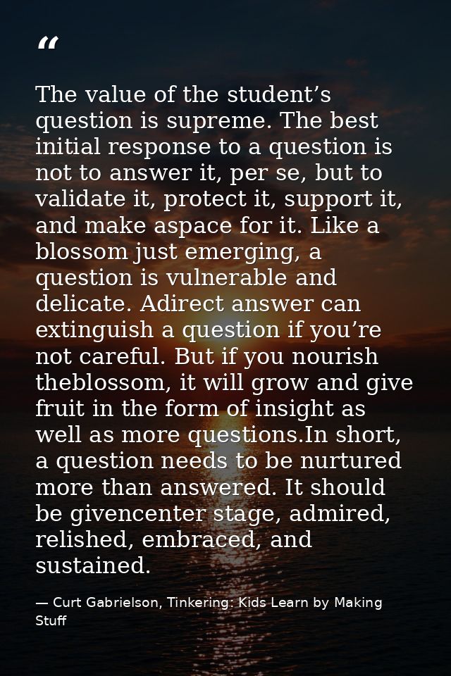 The value of the student’s question is supreme. The best initial response to a question is not to answer it, per se, but — Curt Gabrielson, Tinkering: Kids Learn by Making Stuff