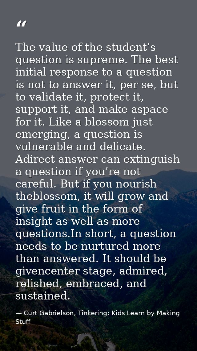 The value of the student’s question is supreme. The best initial response to a question is not to answer it, per se, but — Curt Gabrielson, Tinkering: Kids Learn by Making Stuff