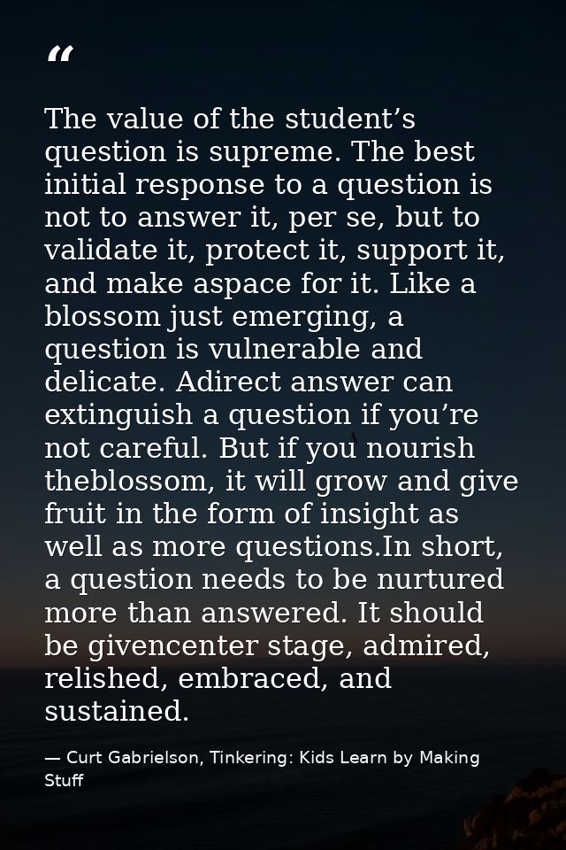 The value of the student’s question is supreme. The best initial response to a question is not to answer it, per se, but — Curt Gabrielson, Tinkering: Kids Learn by Making Stuff