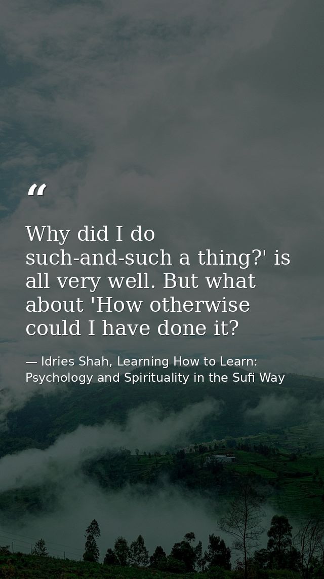 Why did I do such-and-such a thing?' is all very well. But what about 'How otherwise could I have done it? — Idries Shah, Learning How to Learn: Psychology and Spirituality in the Sufi Way