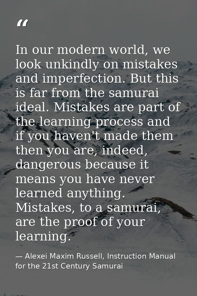 In our modern world, we look unkindly on mistakes and imperfection. But this is far from the samurai ideal. Mistakes are — Alexei Maxim Russell, Instruction Manual for the 21st Century Samurai
