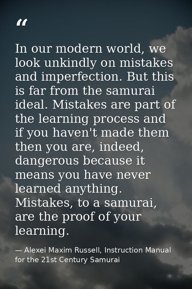 In our modern world, we look unkindly on mistakes and imperfection. But this is far from the samurai ideal. Mistakes are — Alexei Maxim Russell, Instruction Manual for the 21st Century Samurai