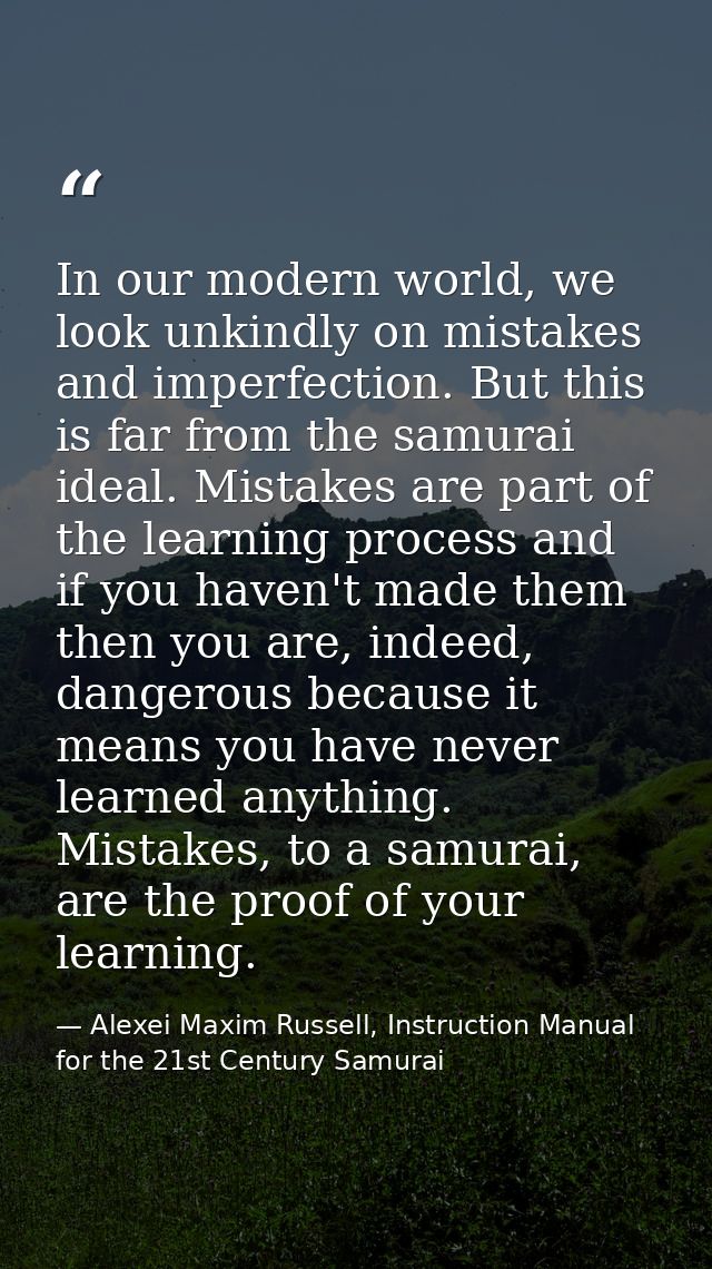 In our modern world, we look unkindly on mistakes and imperfection. But this is far from the samurai ideal. Mistakes are — Alexei Maxim Russell, Instruction Manual for the 21st Century Samurai