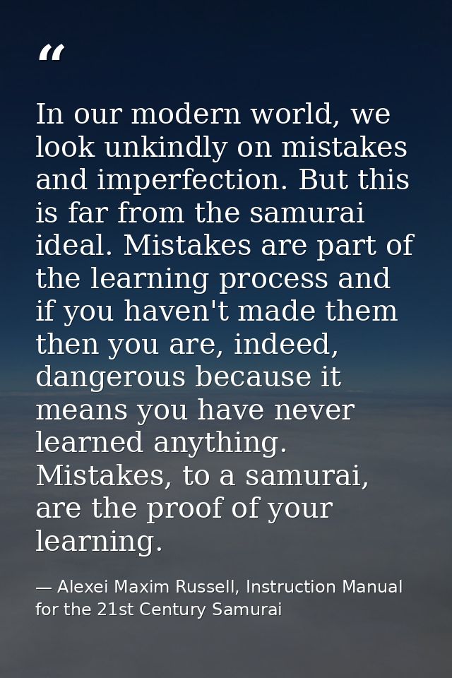 In our modern world, we look unkindly on mistakes and imperfection. But this is far from the samurai ideal. Mistakes are — Alexei Maxim Russell, Instruction Manual for the 21st Century Samurai