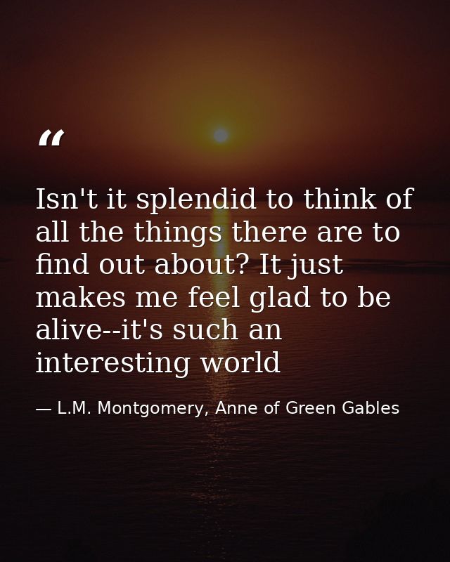 Isn't it splendid to think of all the things there are to find out about? It just makes me feel glad to be alive--it's s — L.M. Montgomery, Anne of Green Gables