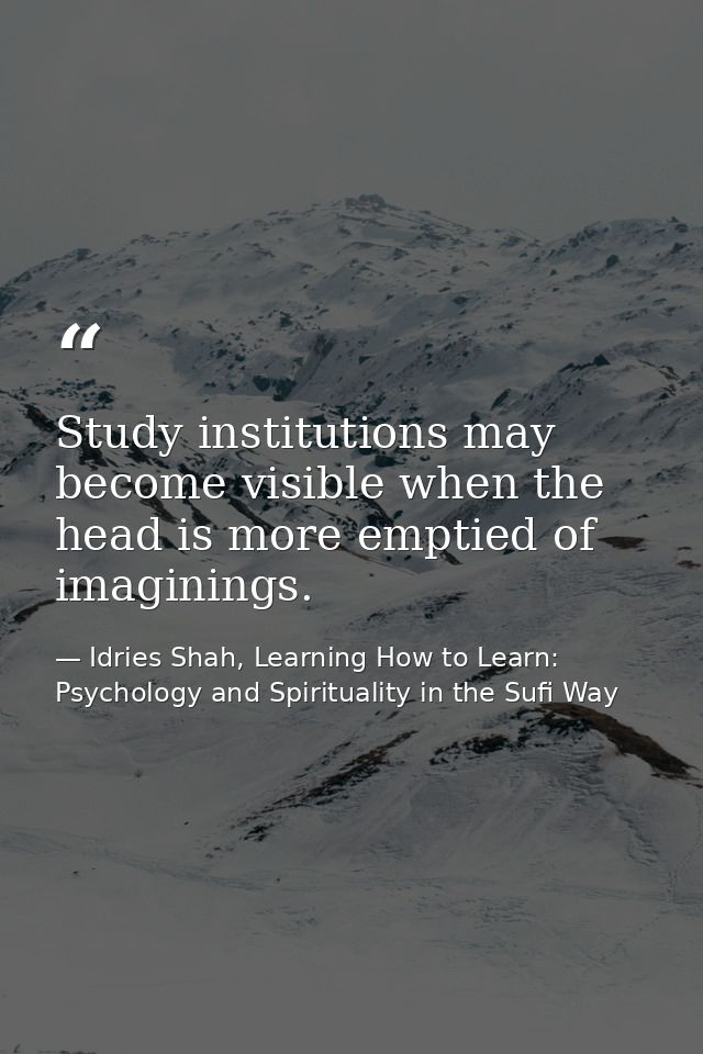 Study institutions may become visible when the head is more emptied of imaginings. — Idries Shah, Learning How to Learn: Psychology and Spirituality in the Sufi Way