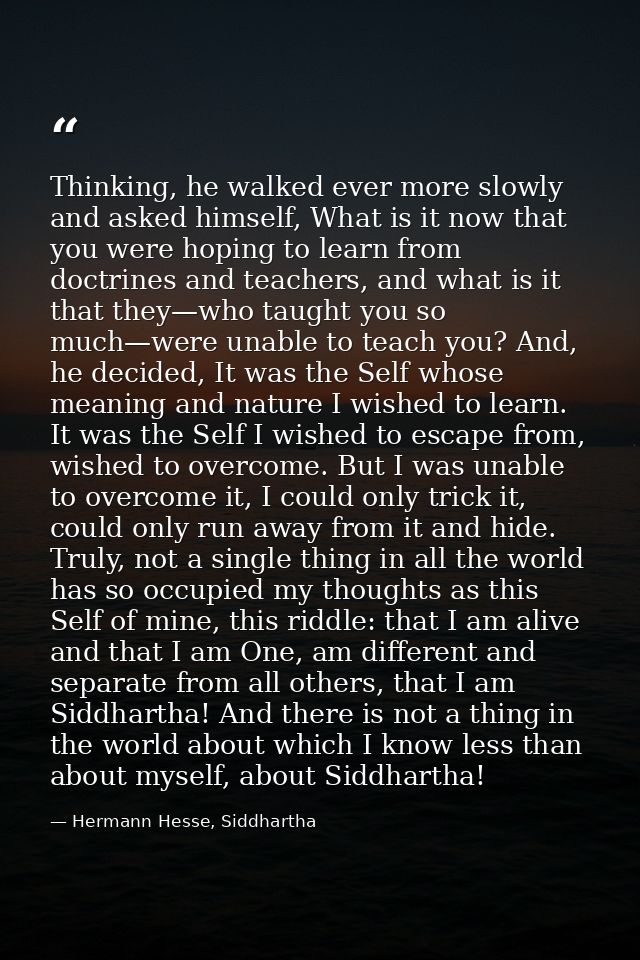 Thinking, he walked ever more slowly and asked himself, What is it now that you were hoping to learn from doctrines and  — Hermann Hesse, Siddhartha