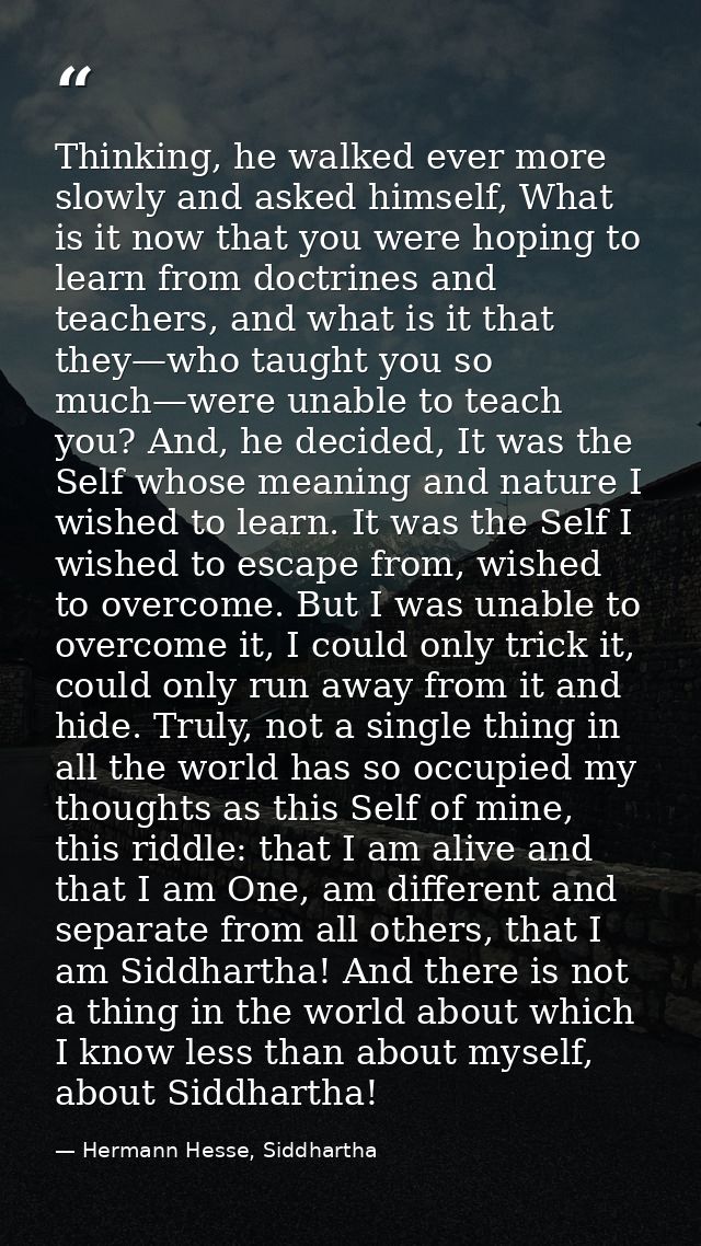 Thinking, he walked ever more slowly and asked himself, What is it now that you were hoping to learn from doctrines and  — Hermann Hesse, Siddhartha