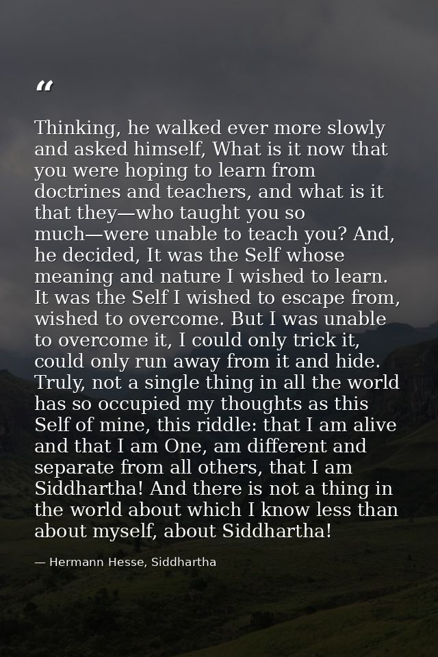 Thinking, he walked ever more slowly and asked himself, What is it now that you were hoping to learn from doctrines and  — Hermann Hesse, Siddhartha
