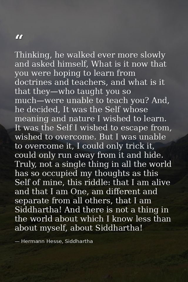 Thinking, he walked ever more slowly and asked himself, What is it now that you were hoping to learn from doctrines and  — Hermann Hesse, Siddhartha