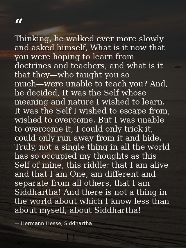 Thinking, he walked ever more slowly and asked himself, What is it now that you were hoping to learn from doctrines and  — Hermann Hesse, Siddhartha