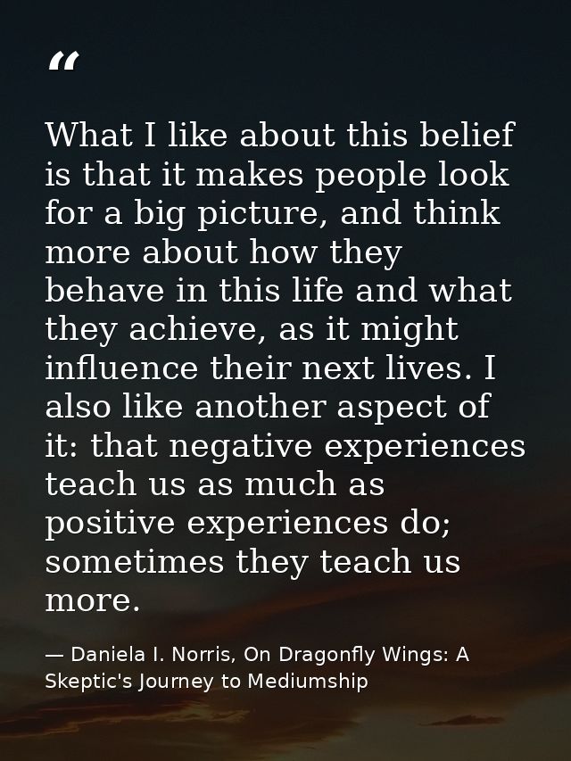 What I like about this belief is that it makes people look for a big picture, and think more about how they behave in th — Daniela I. Norris, On Dragonfly Wings: A Skeptic's Journey to Mediumship