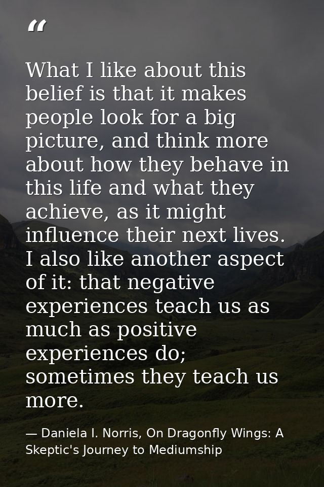What I like about this belief is that it makes people look for a big picture, and think more about how they behave in th — Daniela I. Norris, On Dragonfly Wings: A Skeptic's Journey to Mediumship
